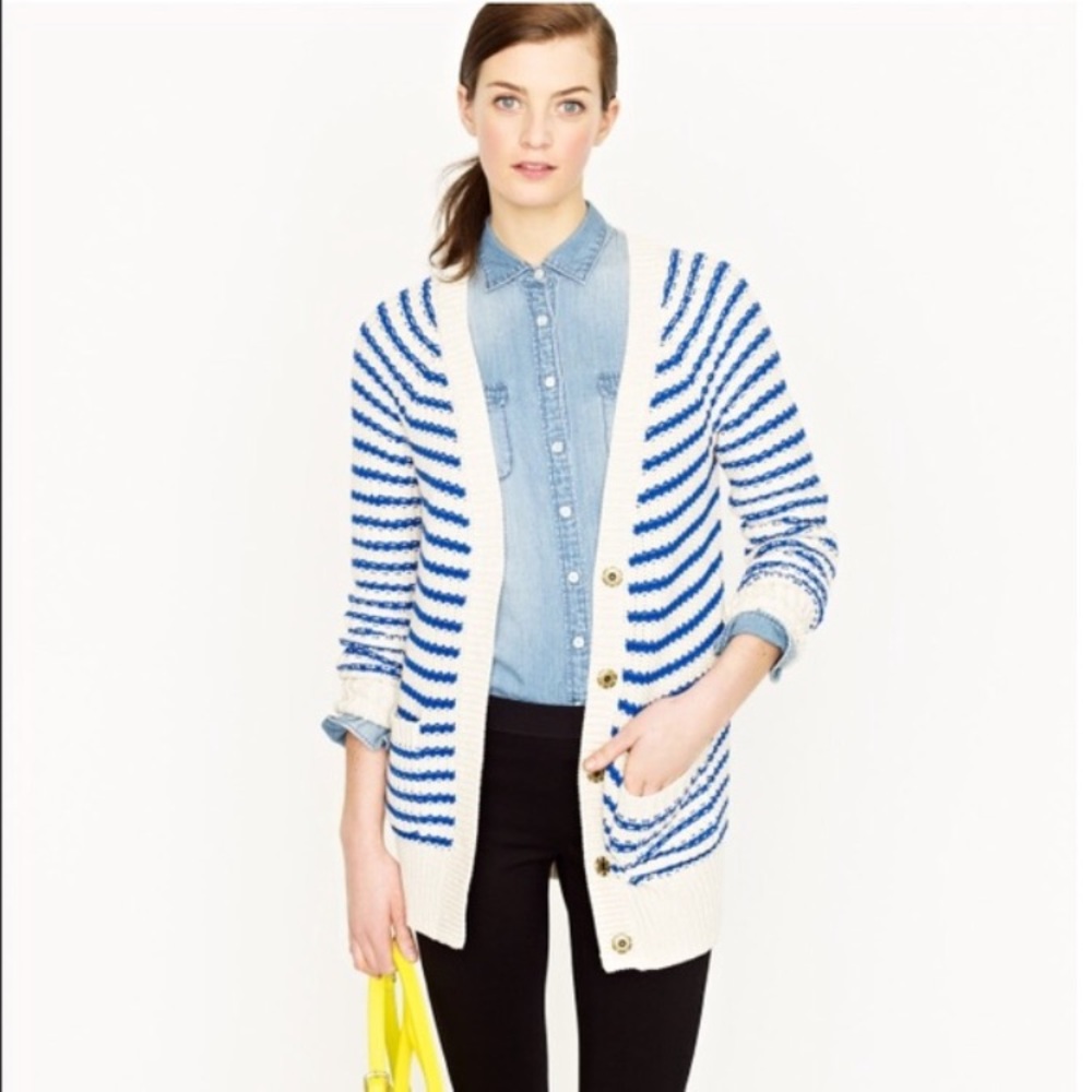 J. Crew White and Blue Striped Button-Front Cardigan